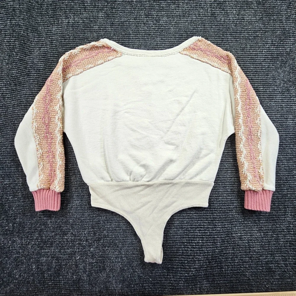 Free People Bodysuit Womens Small Off White Knitted Balloon Sleeve Round Neck